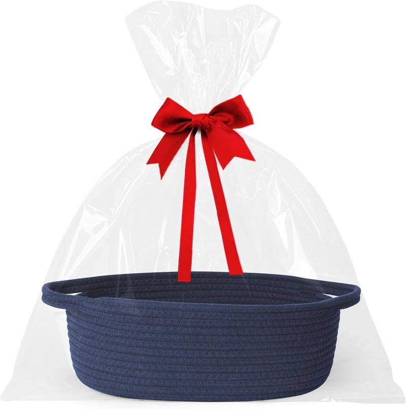 WILLITAT Small Baskets for Gifts Empty, 13"x 9"x 5" Woven Gift Basket with Bag and Ribbon, Cotton Rope Kids Dog Cat Toy Bin Box, Cute Baby Nursery Organizer, Decorative Storage with Handles,Dark Blue - Image 1